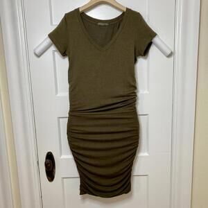 prAna Heather Green Foundation Dress Womens XS Ruched V-Neck Bodycon Minimalist